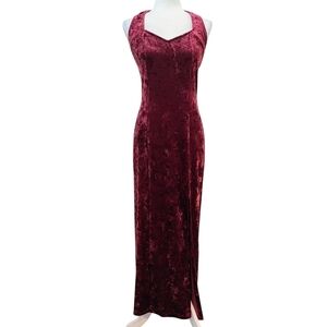 Vintage Crushed Velvet‎ Halter Midi Dress Burgundy Red Formal Holiday Size M